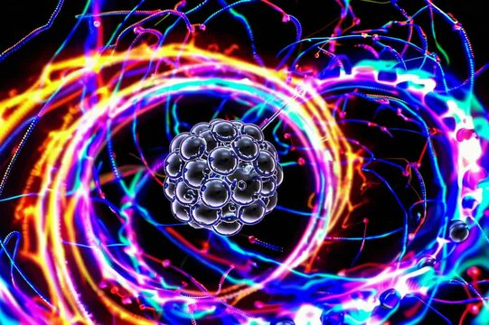 A detailed view of the complex interaction of subatomic particles during an alpha decay emission, highlighting the intricate process of nuclear transformation
