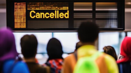 Cancelled flight on airport notice board, transportation problems during holiday travel