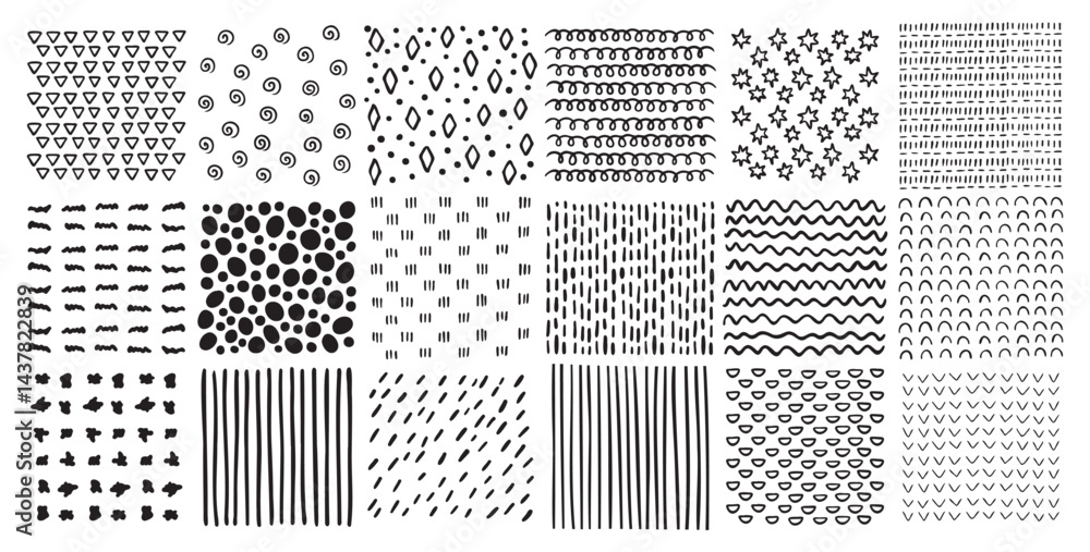 Poster square patterns set. hand drawn doodle style patterns. hatched squares abstract drawing technic, geo