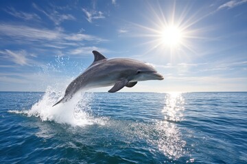 Fototapeta premium Playful dolphin leaps from ocean waves under bright sun in clear blue sky