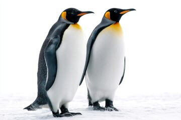 Fototapeta premium Penguins standing together on a snowy landscape, showcasing bright feathers in a cold environment