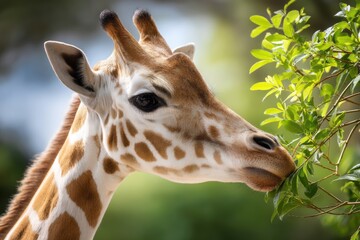 Obraz premium Curious giraffe reaches for leaves high in a tree under soft sunlight