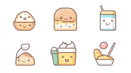 Cute food icons mashed potatoes, bread, juice, dessert;  website, app design