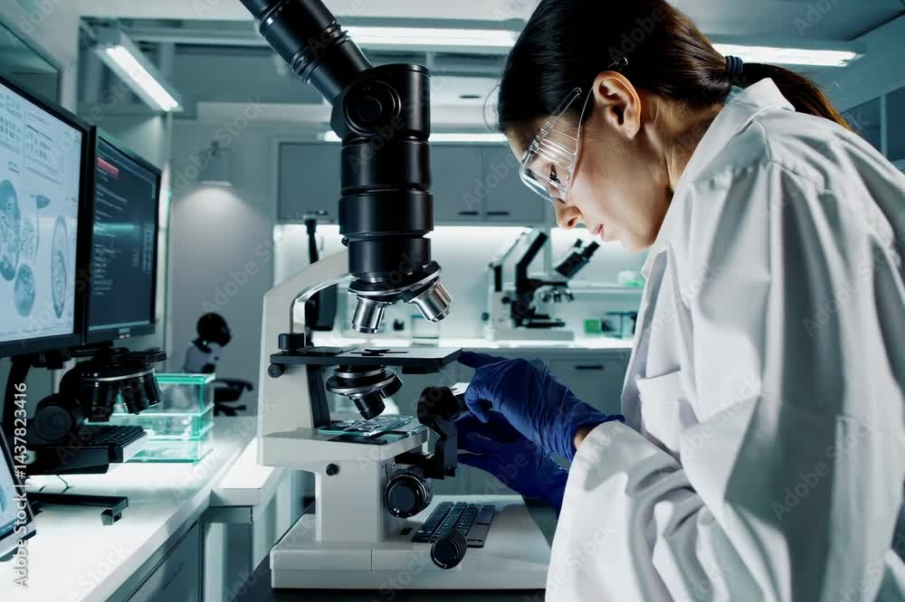 Aufkleber a scientist devoted to their work is carefully examining numerous samples with a powerful microscope