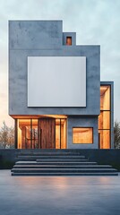 Modern concrete home exterior with a blank white panel. Warm lighting