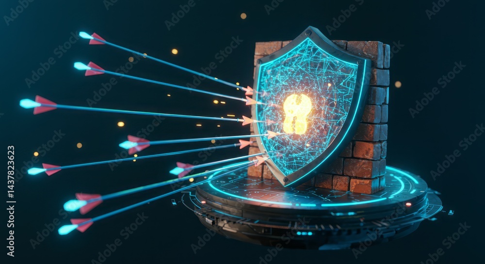 Aufkleber cybersecurity shield protects digital assets from cyber attacks arrows internet security
