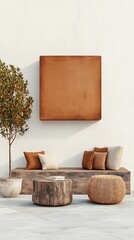 Outdoor seating area with pillows, art, and a tree