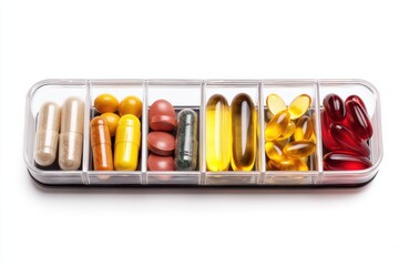 Essential vitamins and supplements neatly organized in a modern pill container for daily health management