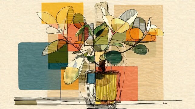 Minimalist line art of a potted plant, with transparent fill in pastel colors, representing growth, nature, and harmony.