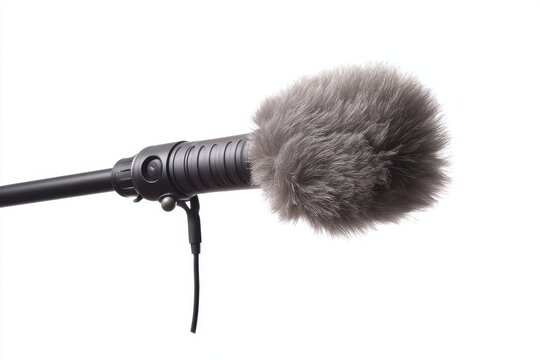 Shotgun microphone with furry windscreen on boom pole used for audio capture in film production