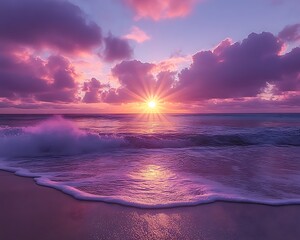 Vibrant sunset over ocean waves on sandy beach