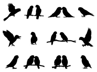 Set of Love Birds Silhouette in various poses isolated on white background