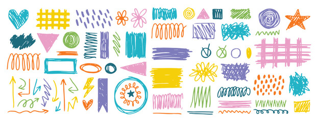Crayon pencil brush stroke messy elements set. Colorful children texture crayon brush stroke circles, underline shape. Hand drawn chalk scribble