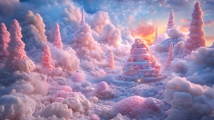 Whimsical pastel cake forest under a glowing candy sky