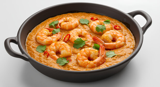 Moqueca de camar&atilde;o cremosa servida em panela preta, decorada com coentro e pimenta vermelha, prato t&iacute;pico da culin&aacute;ria brasileira.

