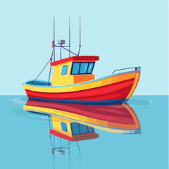 Bright colored fishing boat on calm water