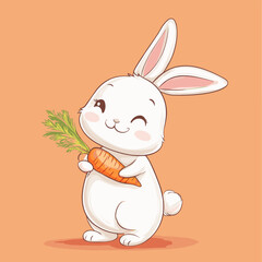 Happy white bunny holding a carrot