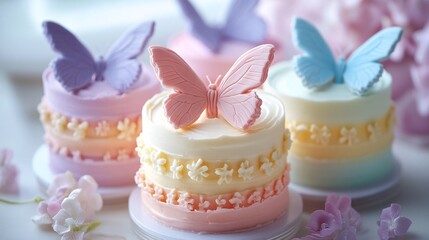 Mini pastel layer cakes topped with sugar butterflies