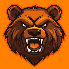 Fierce roaring bear on orange background