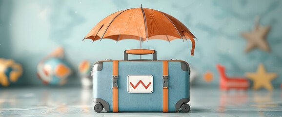 Suitcase protected by umbrella. Symbol for travel insurance with toys in background