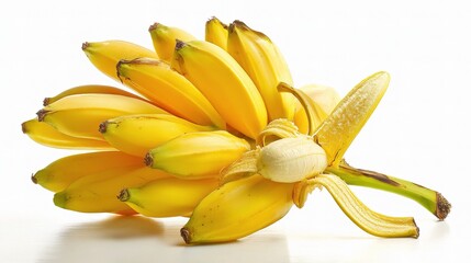 Bright Yellow Banana Bunch with One Peeled Banana Isolated