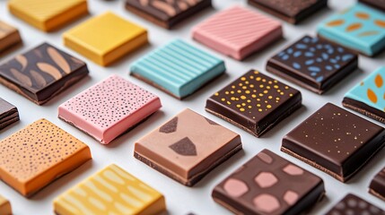 Fototapeta premium Chocolate bars with pastel geometric patterns layered on white paper