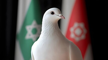 White Dove Standing Between Blurred Flags for Symbolic Representation