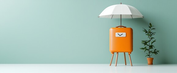 Orange suitcase art with umbrella, plant, and aqua wall. Clean design concept