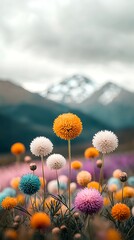 Colorful wildflowers bloom before majestic mountains under a cloudy sky