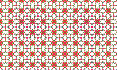 The pattern consists of stylized red flower-like motifs with green accents, interconnected by smaller geometric shapes and dots on a white background, creating a festive and decorative repeat.