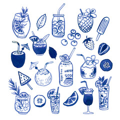 Watercolour hand drawn summer fruit cocktail. Freehand doodle drink and fruit cocktail, fruit slices use as print, element desing, poster, textile, clothes print, label, invitation, menu illustration.