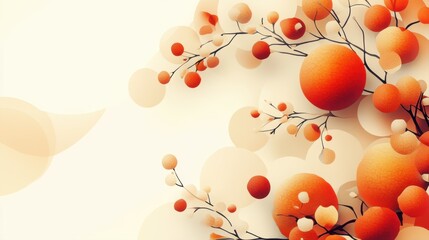 Abstract floral design with soft orange circles and delicate branches on a light background