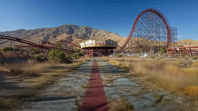 Abandoned amusement park with rusted roller coaster and carousel.