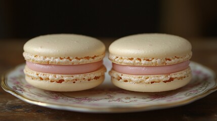 Fototapeta premium Lemon raspberry pastel macarons served on vintage china
