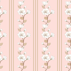 Delicate white floral pattern on a soft pink background with vertical stripes, perfect for wallpaper or fabric design.