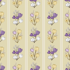 Delicate floral pattern featuring purple, yellow, and white flowers arranged in vertical stripes on a beige background.