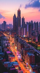 Cityscape at twilight, vibrant hues, illuminated streets