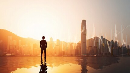 Fototapeta premium Business Leader Standing Before Harbor Skyline at Sunset