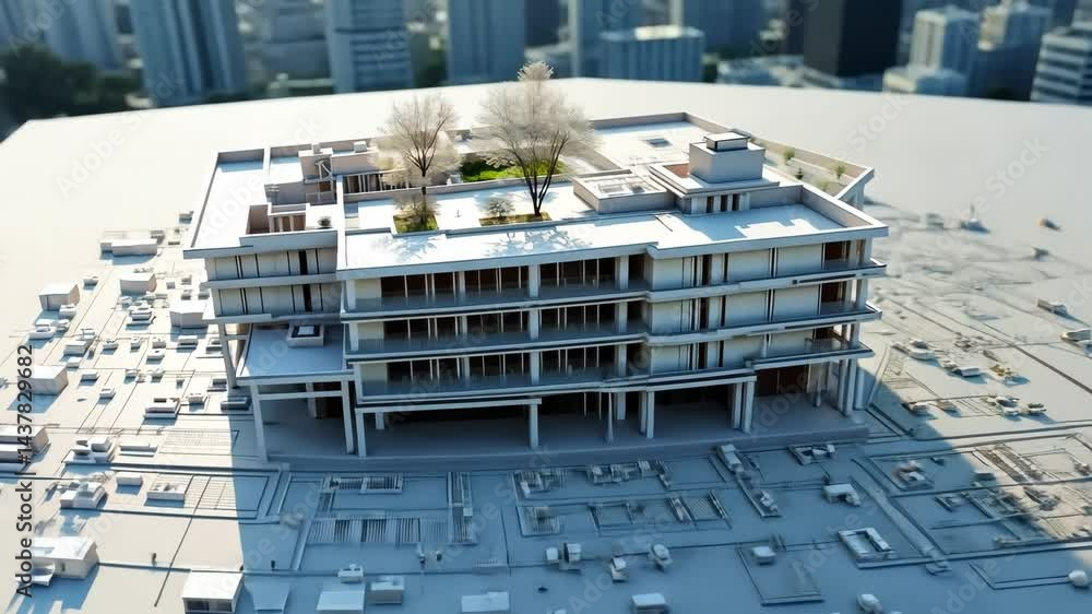 Poster digital construction building information modeling bim concept with 3d model and blueprints illustra