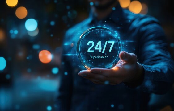 Virtual time icon symbolizes round-the-clock service with a businessman highlighting 247 superhuman availability in a modern workspace