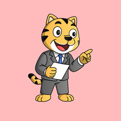 Cartoon character of a tiger dressed in a formal business suit, combining a fierce yet professional look. The tiger wears a neatly tailored jacket, tie, and dress shoes, symbolizing strength, leadersh