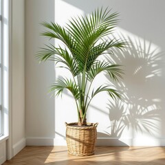 Obraz premium Indoor Kentia Palm Plant in Woven Basket Sunlight Minimalist Home Decor