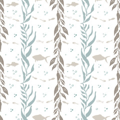 Hand-drawn whimsical seamless pattern with seaweed and fish. Sea and ocean vacation vibes.