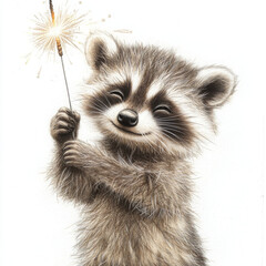 Obraz premium Mischievous raccoon winks while holding sparkler, expressing joyous delight