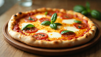 Pizza on a wooden board.