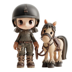 Naklejka premium 3D cartoon chibi equestrian wearing helmet and boots holding horse reins isolated white background studio lighting product photography isolated subject minimal clean background transparent PNG
