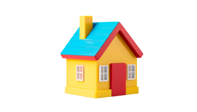A yellow house with blue roof and red door isolated on a  view transparent background png - Powered by Adobe