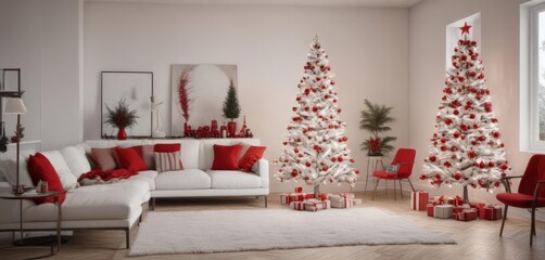 Modern white & red minimalist Christmas tree in contemporary living room , xmas, living room, red ornaments