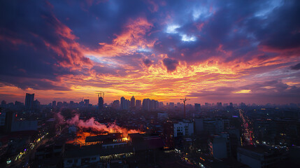 Obraz premium stunning cityscape at sunset, showcasing vibrant colors in sky and urban silhouettes