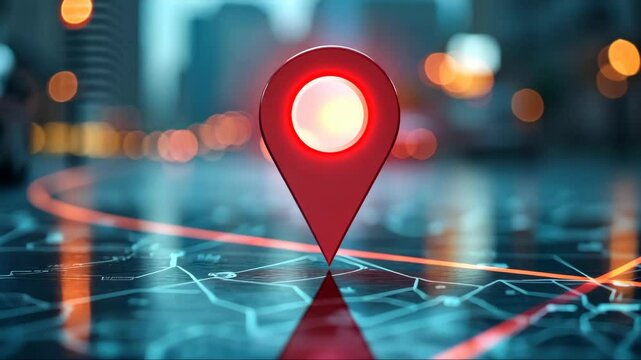 Digital map interface shows red location marker. City landscape blurred background. Tech map displays city streets